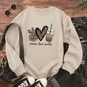 Beige Sweatshirt with Peace Love Coffee Graphic